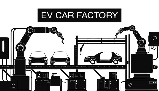 Very beautiful black and white realistic vector illustration of an automated electric vehicle car factory featuring a bold label reading "EV CAR FACTORY", robotic assembly arms, vehicle production lin