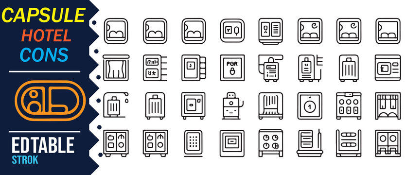 Capsule hotel editable icon set with pod room, travel lodging, accommodation and hostel symbols