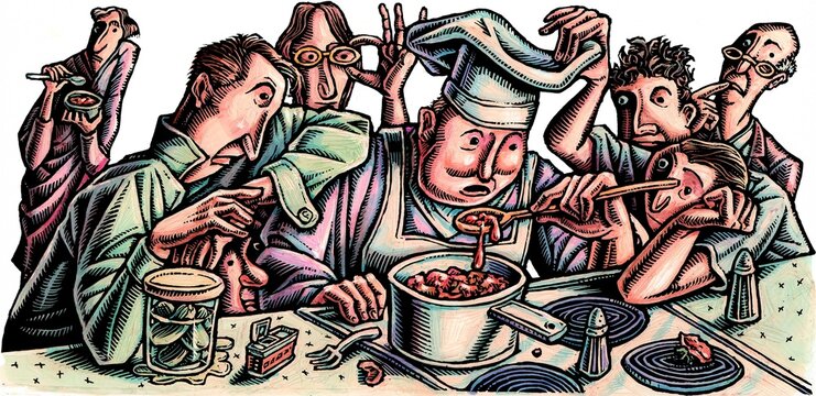 chef tastes food as people scrutinize his cooking