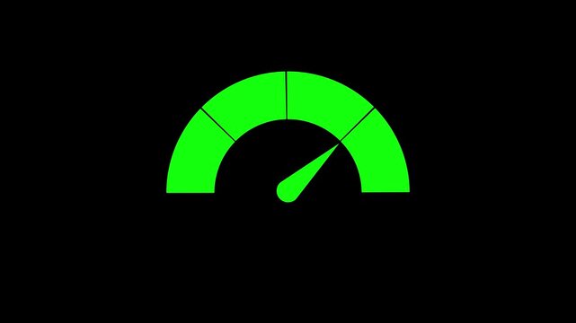 The green speedometer gauge icon on black background. The motion video and Ideal for speed, performance, dashboard, meter, automotive, technology, user interface, monitoring, and digital graphics.