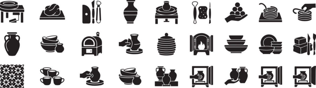 Ceramic pottery production icons, clay workshop process, pottery wheel, kiln oven, tableware vector