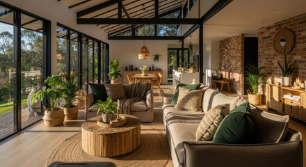 Obraz premium Modern Living Room With Abundant Natural Light And Lush Greenery