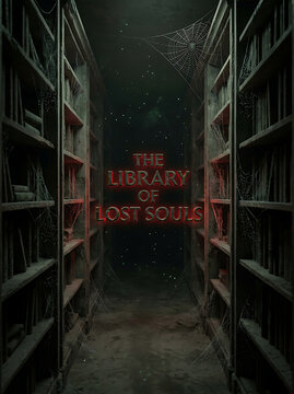 Spooky library of lost souls dark corridor with old books and cobwebs, abandoned