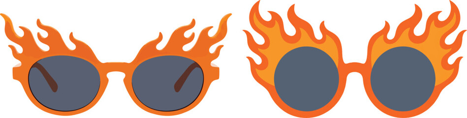 Fototapeta premium Pair of trendy orange sunglasses with fire flame design on rims isolated on white background sunglasses accessory protection summerwear illustration isolated creative wearable summerfashion