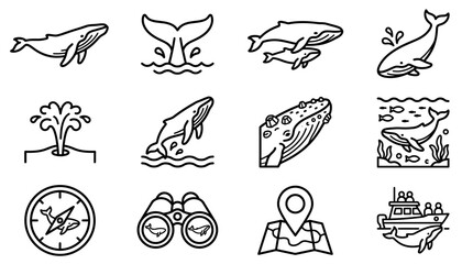 Fototapeta premium Whale Watching Icons: Ocean Wildlife, Boat Tour, Navigation
