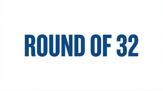 Round of 32 text on white background. Illustration of football tournament stage for sports championship. Graphic design element for soccer competition bracket and match schedule display.