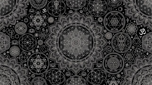 Sacred geometry pattern with mandalas and esoteric spiritual symbols