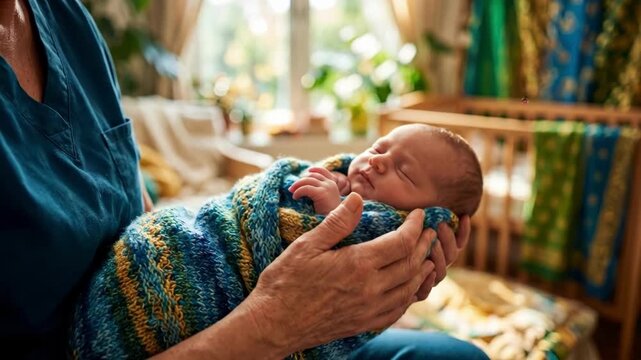 Elderly woman holding sleeping newborn baby in cozy nursery. Caring nurse cradling infant wrapped in knit blanket. Family bonding and childcare concept in home environment with crib and plants
