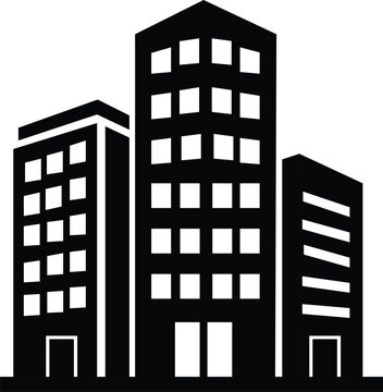 Set of three modern city buildings vector icon black and white illustration on transparent background business district architecture office buildings.