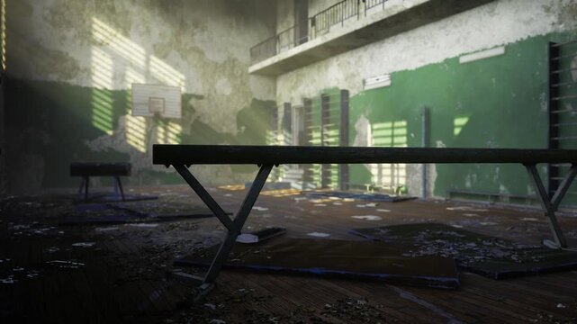 Sunlit ruined sports hall with bench and broken flooring, long light shafts cutting through dust, peeling paint on tall walls, empty court and solitary hoop