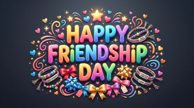 Happy friendship day vibrant typography with friendship bracelets and festive decorations