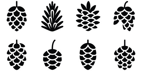 Pine cone icon set in black silhouettes for forest nature design isolated on white background © Shamsun