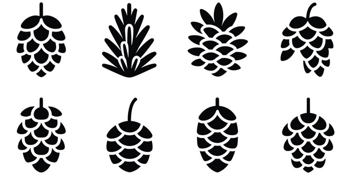 Pine cone icon set in black silhouettes for forest nature design isolated on white background