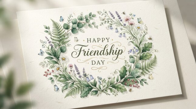 Happy friendship day wishes with beautiful floral wreath and butterflies