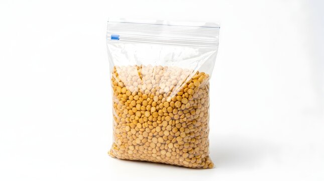 Transparent plastic zipper bag filled with dried yellow peas, clear polyethylene pouch for food storage, organic split pea legumes in sealed packaging