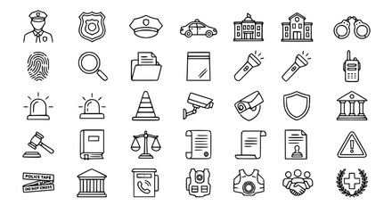 Police Editable Stroke Outline Icons Set with Law Enforcement Justice Investigation and Public Safety Symbols © Mst.Momtaz Begum