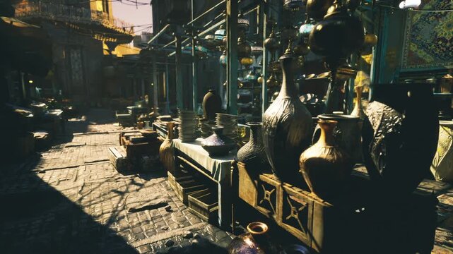 Medina market stall with lamps rows of polished metalware bathed in soft afternoon light, layered textures and receding stalls create strong perspective, subtle