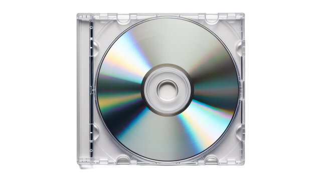 A standard compact disc inside a transparent plastic jewel case, showing the reflective silver surface of the disc on a white background