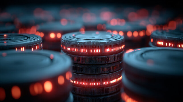 Close-up of Stacked Hard Disk Drives with Red LED Lights