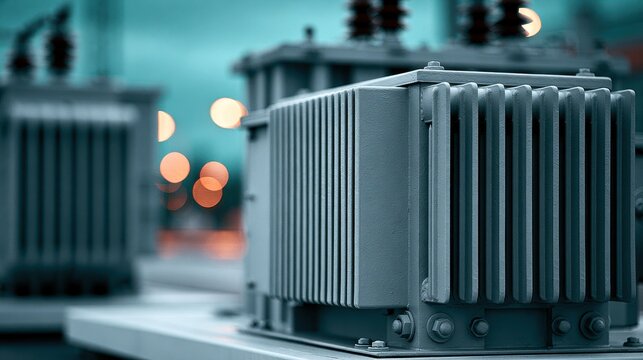 Industrial electrical power transformers standing outdoors. Representing energy transmission and modern electrical.