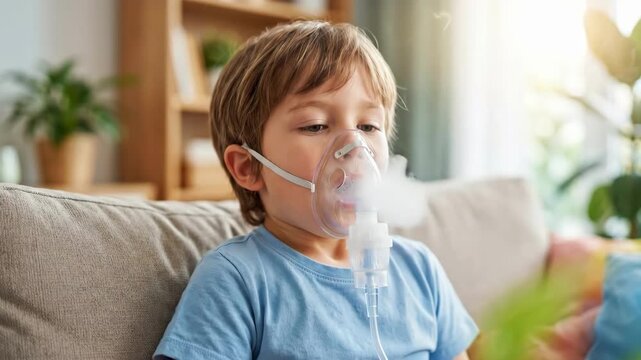 Boy using nebulizer mask to inhale medication on living room couch. Child receiving home treatment for asthma and respiratory issues. Pediatric breathing therapy concept for allergy relief