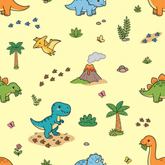 Cute Dinosaur Seamless Pattern with Volcano, Palm Trees and Footprints for Kids and Nursery Decor © VectorEngraveHalfton
