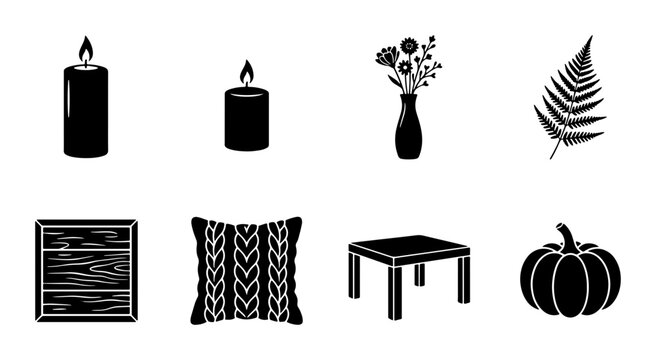 Cozy Autumn Home Decor Icons: Candles, Vase, Pillow, Pumpkin, Table, Fern