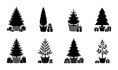 Obraz premium Set of 8 Black Christmas Tree Icons, Festive Holiday Vector Graphics with Gifts, Seasonal Decorations