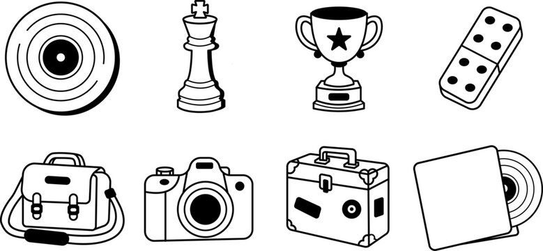 Collection of hobby and photography illustrations featuring camera, backpack, chess piece, trophy, domino, vinyl record, and notebook, vector illustration