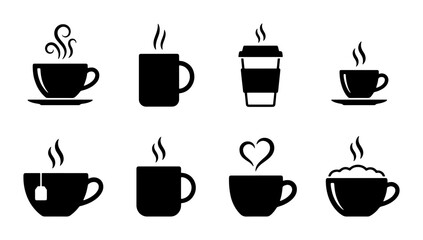 Fototapeta premium Hot Beverage Icons: Coffee, Tea, and Cup Designs for Cafes and Drink Menus