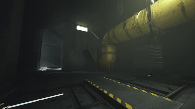 Empty repair bay under yellow duct with silent platform and bolted fixtures, muted lighting, scattered grime and visible weld seams suggesting long downtime.