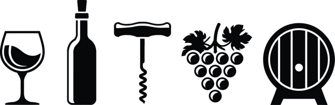 Wine icons, solid black winery symbols including wine bottle, filled glass, corkscrew opener, grapes, and oak barrel for beverage themes, vector designs.