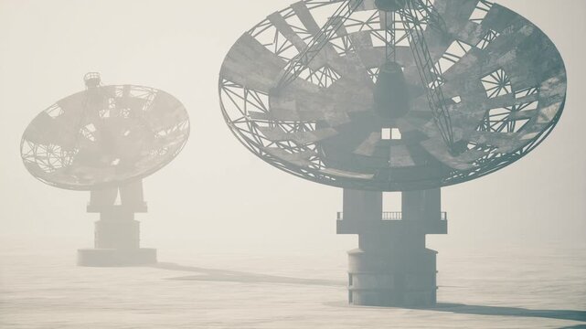 Closeup parabolic dish metal pattern revealing lattice structure and weathered surfaces, fogsoftened background creating abstract geometry, strong graphic