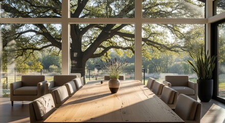 Fototapeta premium Modern living room with large windows overlooking nature and greenery