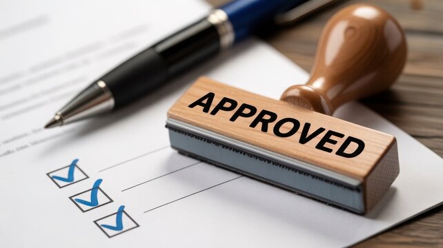"APPROVED" stamp on a document with checkboxes and a pen on a wooden desk.
