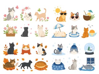 Obraz premium Cute cat illustration set with 24 seasonal elements, flat vector kittens in spring summer autumn and winter scenes, adorable pet character collection