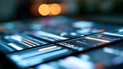 Fototapeta premium Abstract digital panels glow softly with blue and orange highlights against blurred background lights