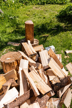 Split firewood pile by chopping block in sunny garden
