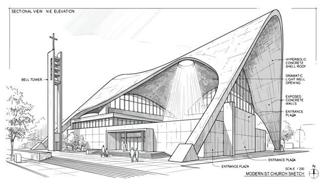 Modernist Church Sketch with Hyperbolic Concrete Shell Roof