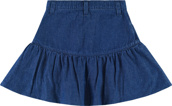 Back view of a dark blue denim skater skirt with ruffled hem, isolated on transparent background, kid
