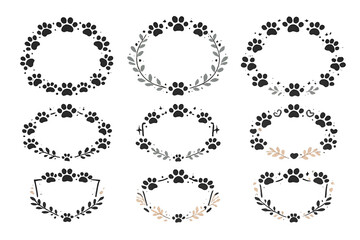 Fototapeta premium Dog paw print frames set with 9 floral wreaths, decorative animal track borders for pet branding, black and gold botanical paw print circles