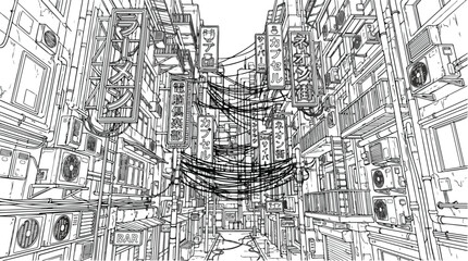 Fototapeta premium Cyberpunk Tokyo Alleyway Line Art Illustration for Coloring