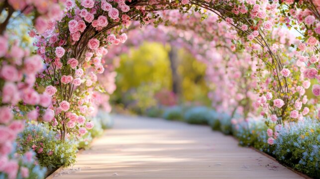 garden arch covered with blooming flowers, path leading forward, soft sunlight, peaceful romantic atmosphere, ultra realistic photo