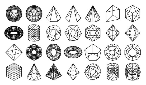 Wireframe Geometric Shapes Set Collection. Abstract 3D Polygon Mesh Objects, Cube, Sphere, Torus, Pyramid, Polyhedron, Cylinder and Diamond Outline Vector Illustration