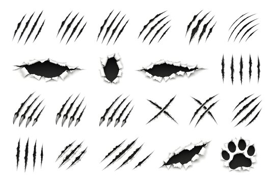 Black claw scratch marks and animal paw print set, ripped paper hole effects with jagged edges, predator slash wounds and beast attack elements