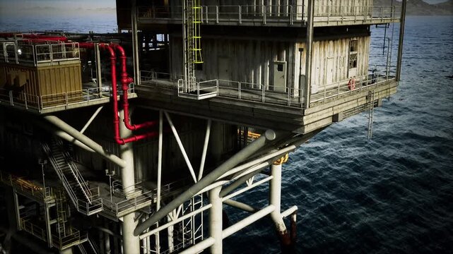 Offshore oil platform truss and red pipe junction captured in tight frame, visible welds, structural bolts, ocean backdrop and industrial atmosphere