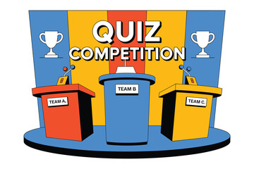 Quiz competition illustration with three podiums for teams a, b and c on a colorful stage background © Foysal