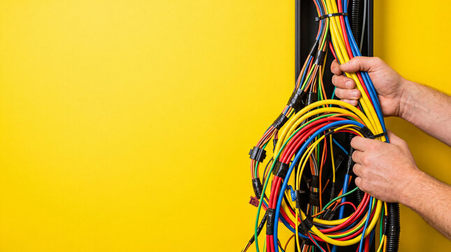 Auto electrician holding colorful electrical wires in vehicle. Professional cable management and automotive repair service. Mechanic repairing electronic system of car for maintenance.