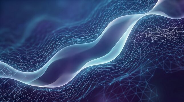 Abstract digital futuristic landscape with a glowing translucent fluid wave moving through a geometric polygonal wireframe mesh on a dark blue background
