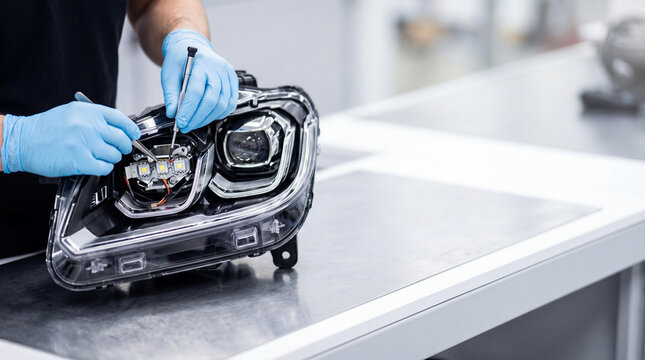 Auto electrician man repairing car headlight in workshop. Technician using tool to fix vehicle led light system. Professional maintenance of automotive electronic equipment and repair.